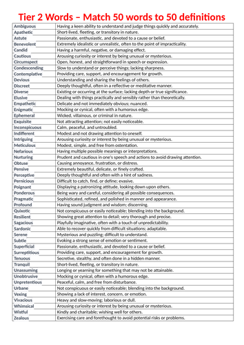 Tier 2 vocabulary - match 50 words to 50 definitions