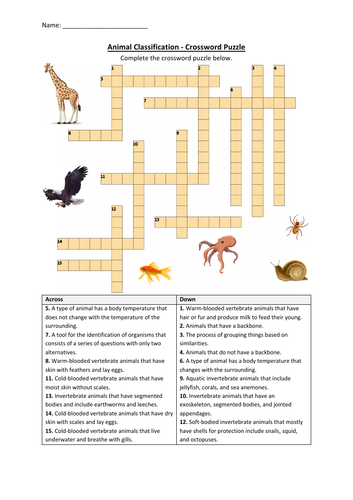 Animal Classification Crossword Puzzle Worksheet Activity (Printable