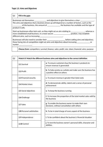 Aims and Objectives (Lesson 9 & 10) - GCSE Business | Teaching Resources