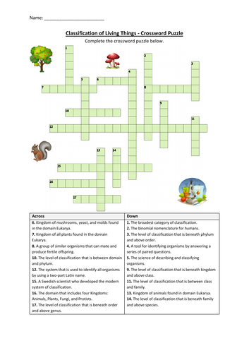 Classification of Living Things Crossword Puzzle Worksheet Activity