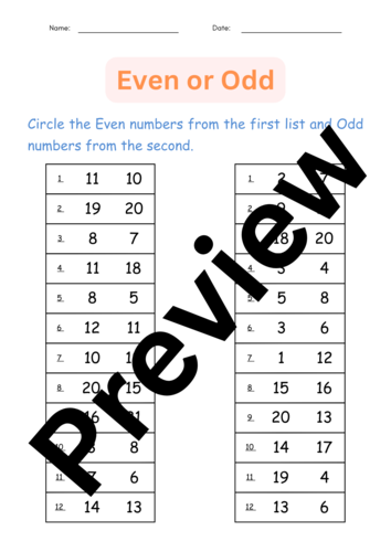printable odd and even numbers worksheet - Odd and Even Digital for ...