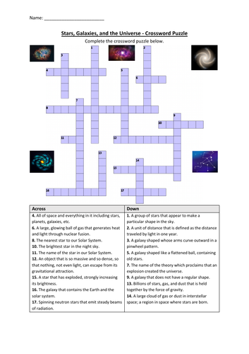 Stars Galaxies And The Universe Crossword Puzzle Worksheet Activity Printable Teaching 1808