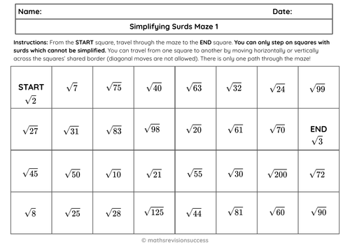 Basic Simplifying Surds - Maze Activity | Teaching Resources