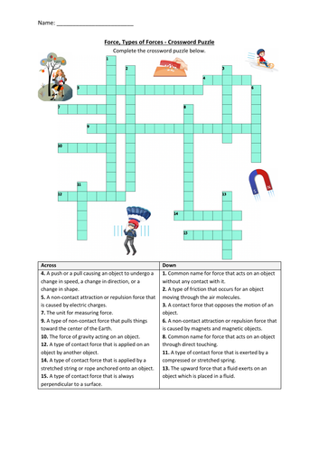 Force Types of Forces Crossword Puzzle Worksheet Activity (Printable