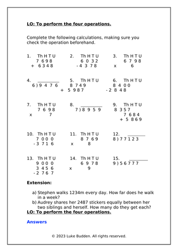 KS2 Four Operations Sheet 1