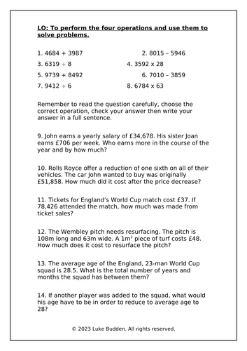 KS2 Four Operations Word Problems Worksheet 2