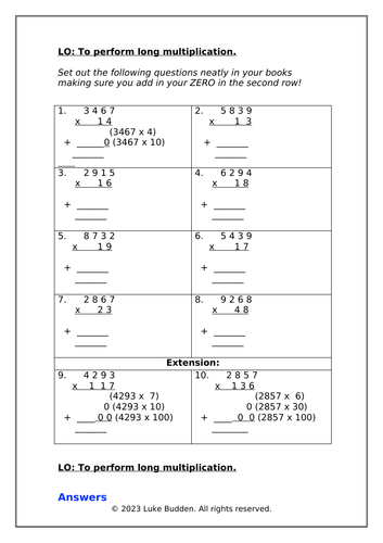 KS2 Long Multiplication Sheet 1