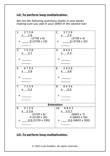 KS2 Long Multiplication Sheet 2