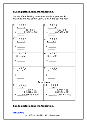 KS2 Long Multiplication Sheet 3