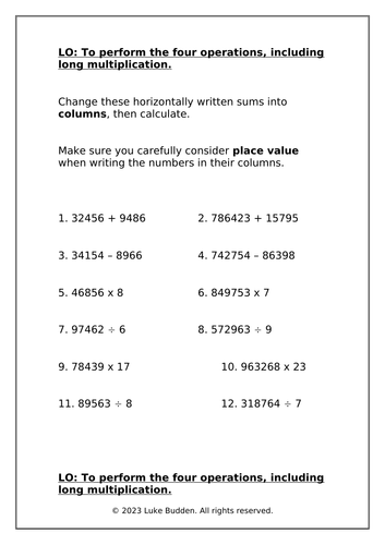 KS2 Four Operations + Long Multiplication Worksheet