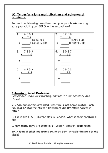 KS2 Long Multiplication and Word Problems Worksheet