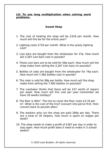 KS2 Long Multiplication Word Problems Worksheet