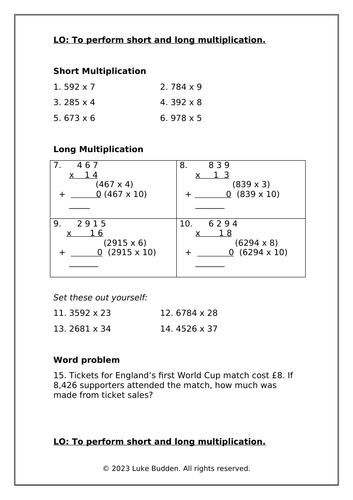 KS2 Short and Long Multiplication Worksheet