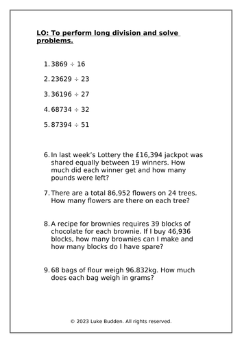 KS2 Long Division + Word Problems Worksheet