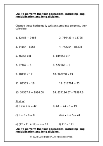 KS2 Four Operations + Long Mult + Long Division Worksheet