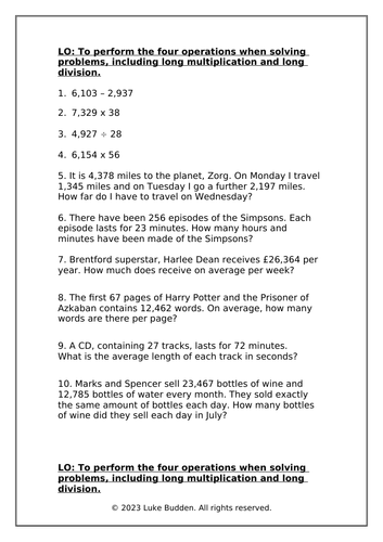 KS2 Four Operations, Long Mult + Long Division Word Problems Worksheet