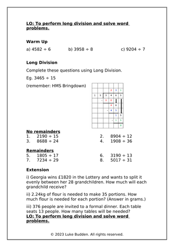 KS2 Long Division HA Worksheet