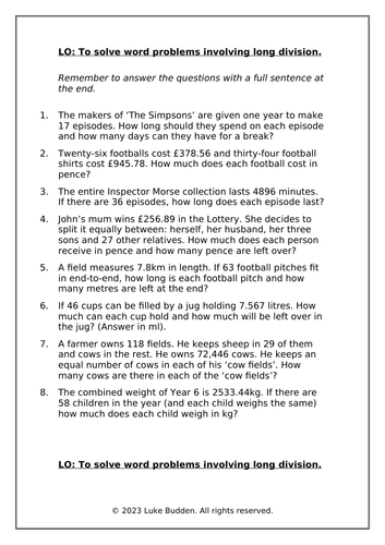 KS2 Long Division Word Problems Worksheet