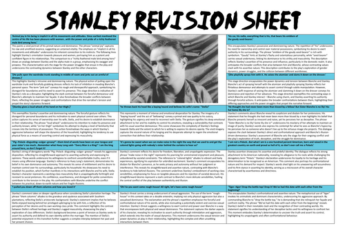 Stanley Kowalski Quotation Revision Sheet A Streetcar Named Desire