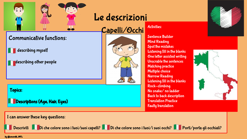 Le descrizioni (occhi e capelli) E.P.I. ITALIAN | Teaching Resources