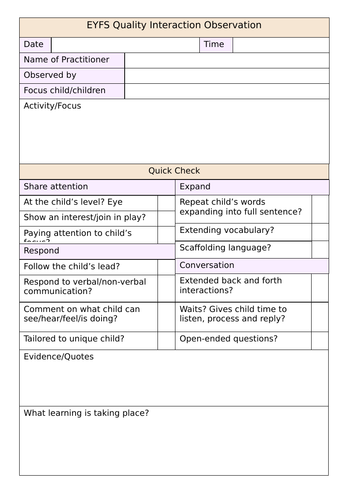 Quality Interaction Observation Record Sheet | Teaching Resources