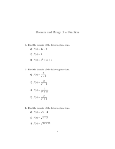 Domain and Range of a Function Worksheet No 2 (with solutions ...