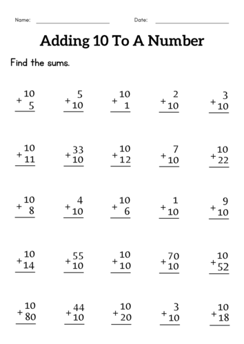 Adding 10 to a number worksheet 1st grade - 10 plus a number worksheets ...