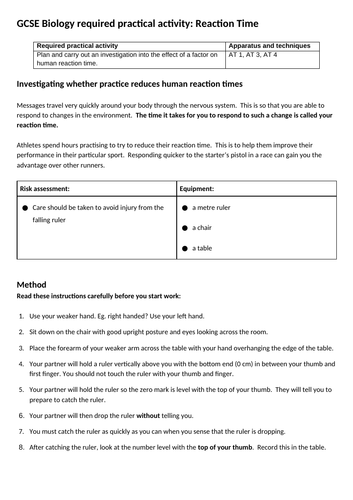 AQA GCSE Biology B5 RP7 reaction time | Teaching Resources