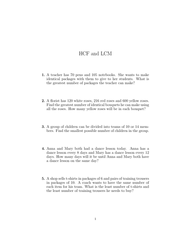 HCF and LCM Word Problems Worksheet No 2 (with solutions) | Teaching