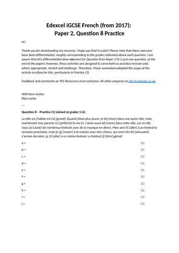 Edexcel iGCSE French Paper 2 Q8 Practice | Teaching Resources