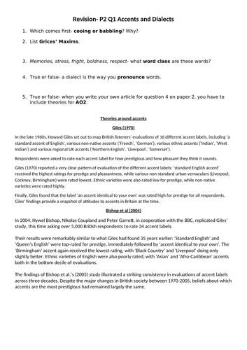 Language Diversity Accents and Dialects Paper 2 AQA A Level English Language