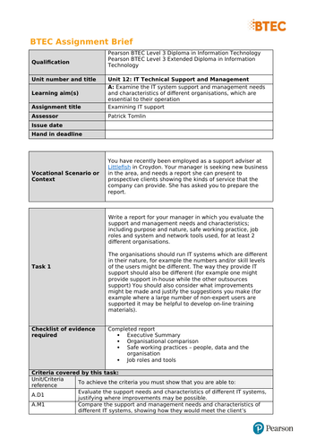 Level 3 IT BTEC - Unit 12: IT Technical Support (Learning Aim A ...