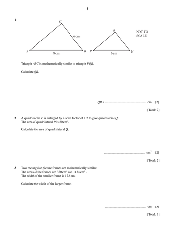 IGCSE Topical Math Similar Shapes Past Paper Questions | Teaching Resources