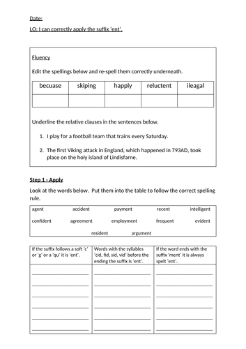 Spelling Suffix -ent Lesson and Worksheet