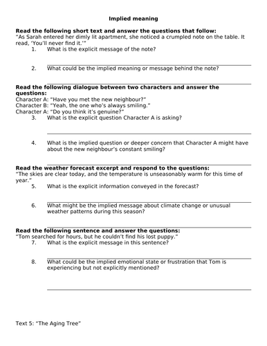 Explicit and Implicit meaning worksheet - igcse 2020 English | Teaching ...