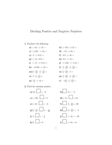 Dividing Positive and Negative Numbers Worksheet (with solutions ...