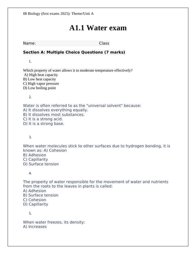 IB Biology: Theme/Unit A end of unit exams bundle (first exams 2025 ...