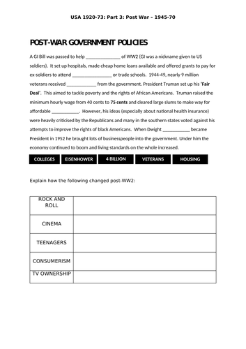 AQA 8145 - America 1920-73 part 3: Post-War boom revision workbook