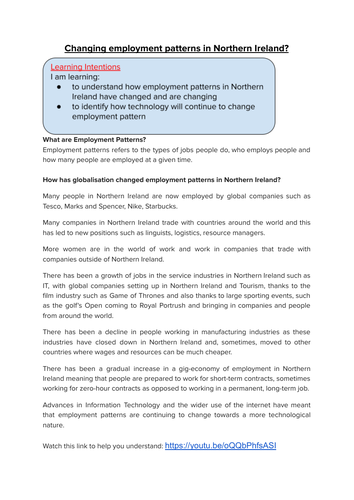 Changing Employment Patterns in N.I. | Teaching Resources