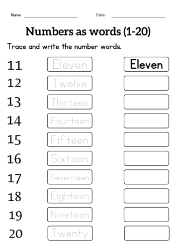 Number Names 1 to 20  1 to 20 Number Names and Worksheet