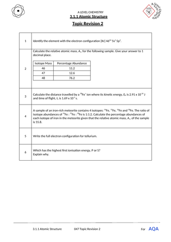 AQA Atomic Structure End of Topic Revision Quick Check Worksheets (x3 ...