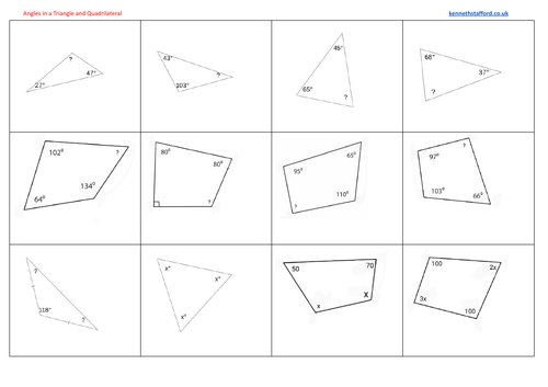 Angles In A Triangle And A Quadrilateral Worksheet Teaching Resources 9296