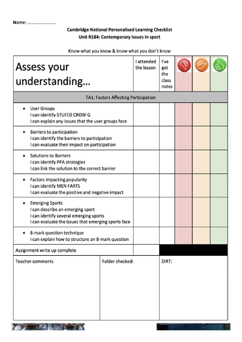 OCR Sport Studies, R184, TA1 Student work book | Teaching Resources