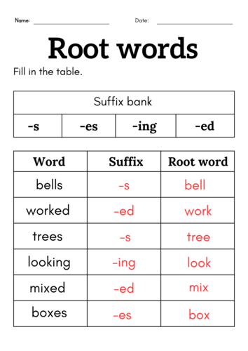 Root words worksheet for grade 1