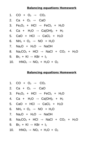 Balancing equations plus answers | Teaching Resources