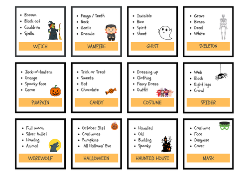 Halloween Taboo - Kid Guessing Word Phrase Game X24 Cards | Teaching ...