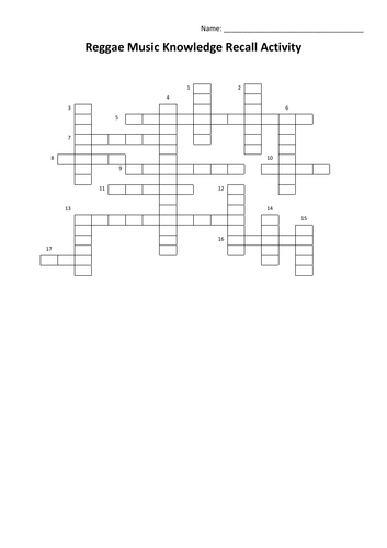 Reggae Music Knowledge Recall Activity Crossword Teaching Resources