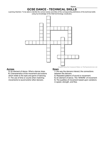 CROSSWORD GCSE DANCE PERFORMANCE SKILLS 6 puzzles Teaching Resources