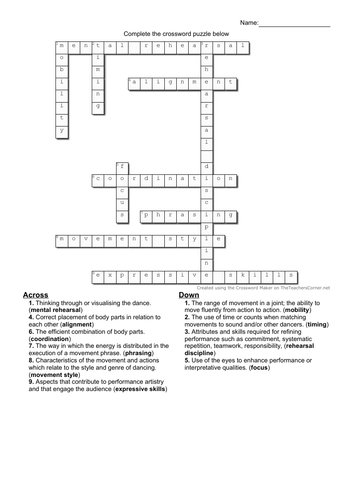 CROSSWORD GCSE DANCE PERFORMANCE SKILLS 6 puzzles Teaching Resources