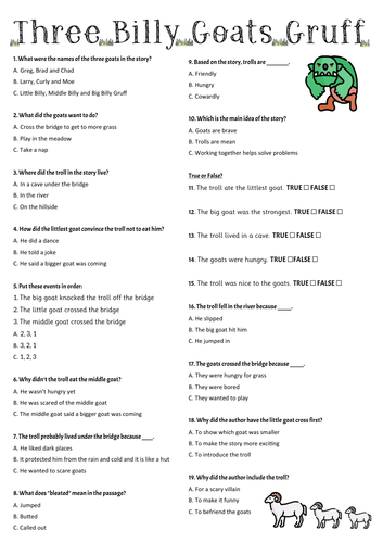Billy Goats Gruff Reading Worksheets | Teaching Resources